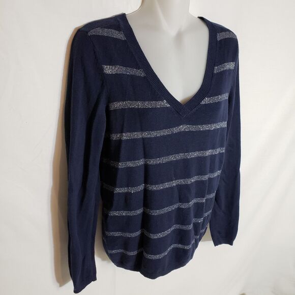 Tommy Hilfiger Women's Sweater Small Navy Blue Silver Stripe V Neck Wool Blend - Picture 7 of 10